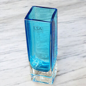 LSA Int'l Vase 8" Mouthblown Poland Aqua Blue Square Bud Excellent Condition Vtg